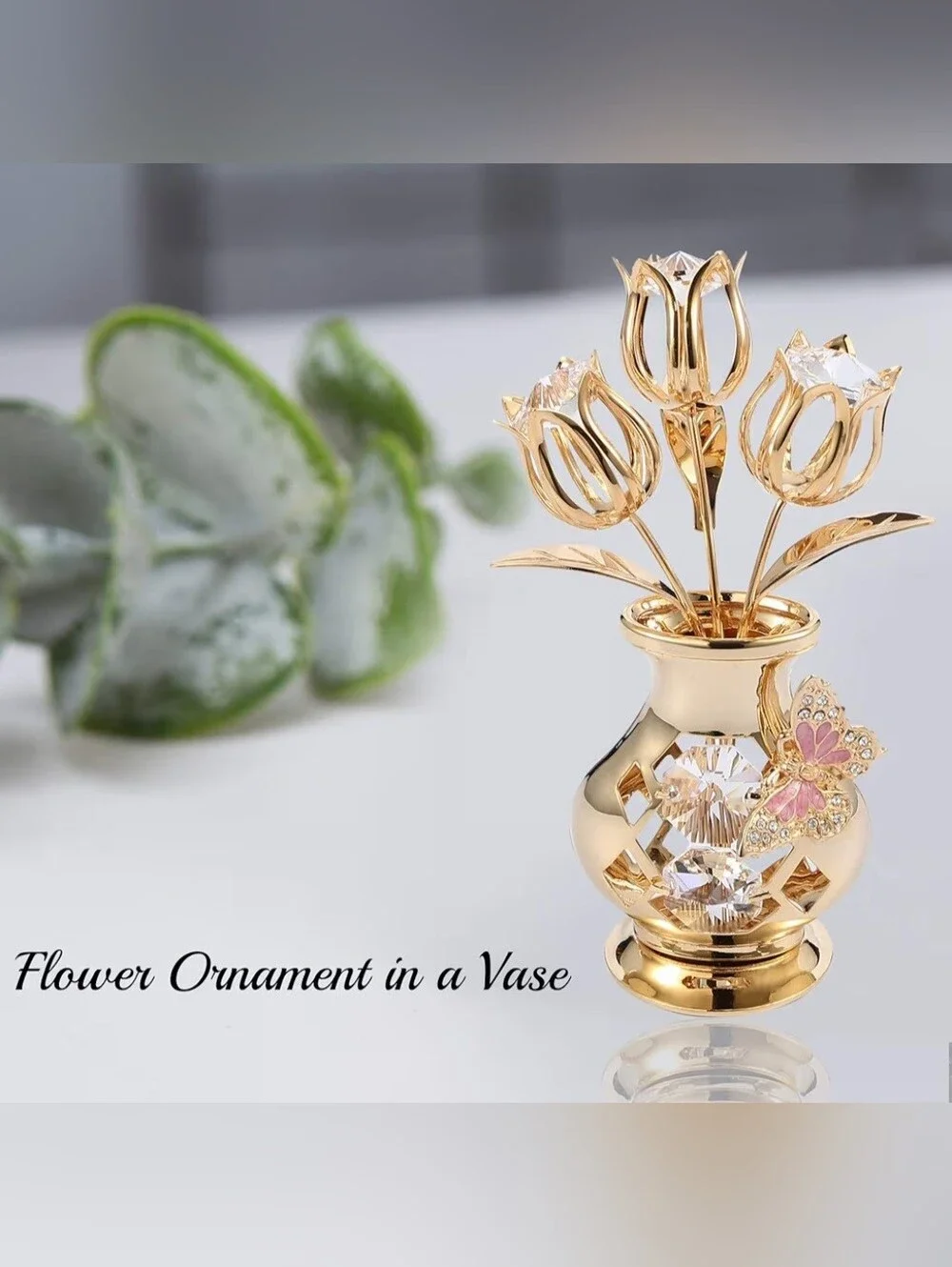 24K Gold Plated Tulip Crystal Accent Vase with Butterfly
